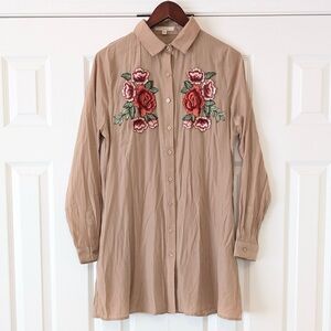 Size M I Joah Tan Embroidered Floral Rose Collared Shirt Dress Bohemian Western
